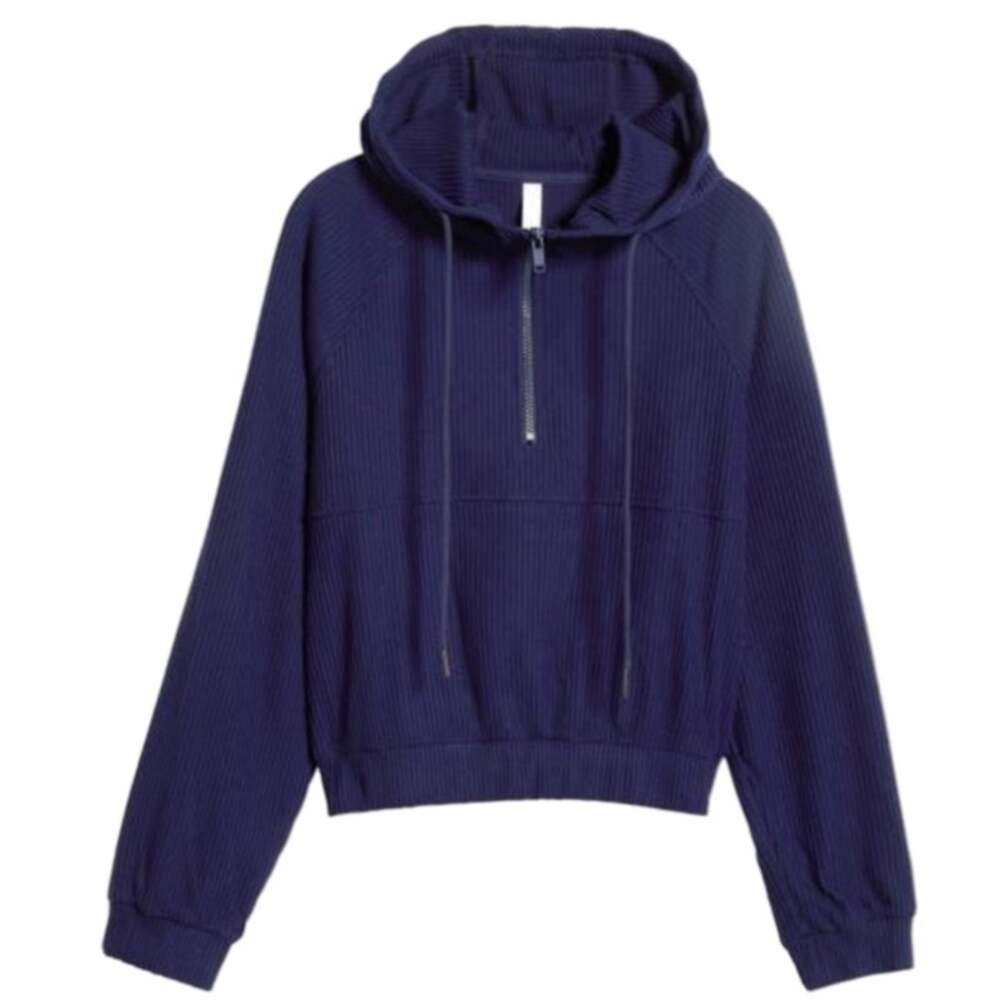 Zella Cozy Half Zip Ribbed Crop Hooded Sweater - Navy Sapphire Size S